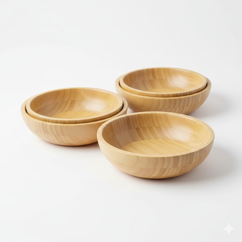 Set of three wooden bowls on a white background